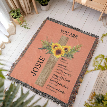 Personalized Woven Blanket with Sunflower Cross Custom Name Throw Blanket Christian Gift For for Women Teens Baptism Birthday Valentine Gift