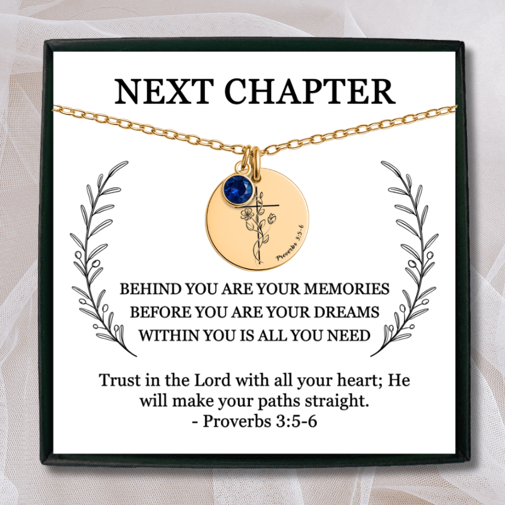 Personalized Next Chapter birthstone necklace with Bible verse reference