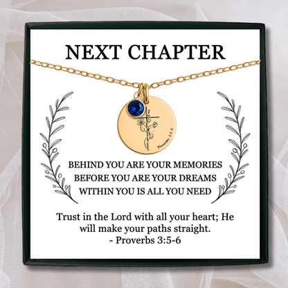 Personalized Next Chapter birthstone necklace with Bible verse reference