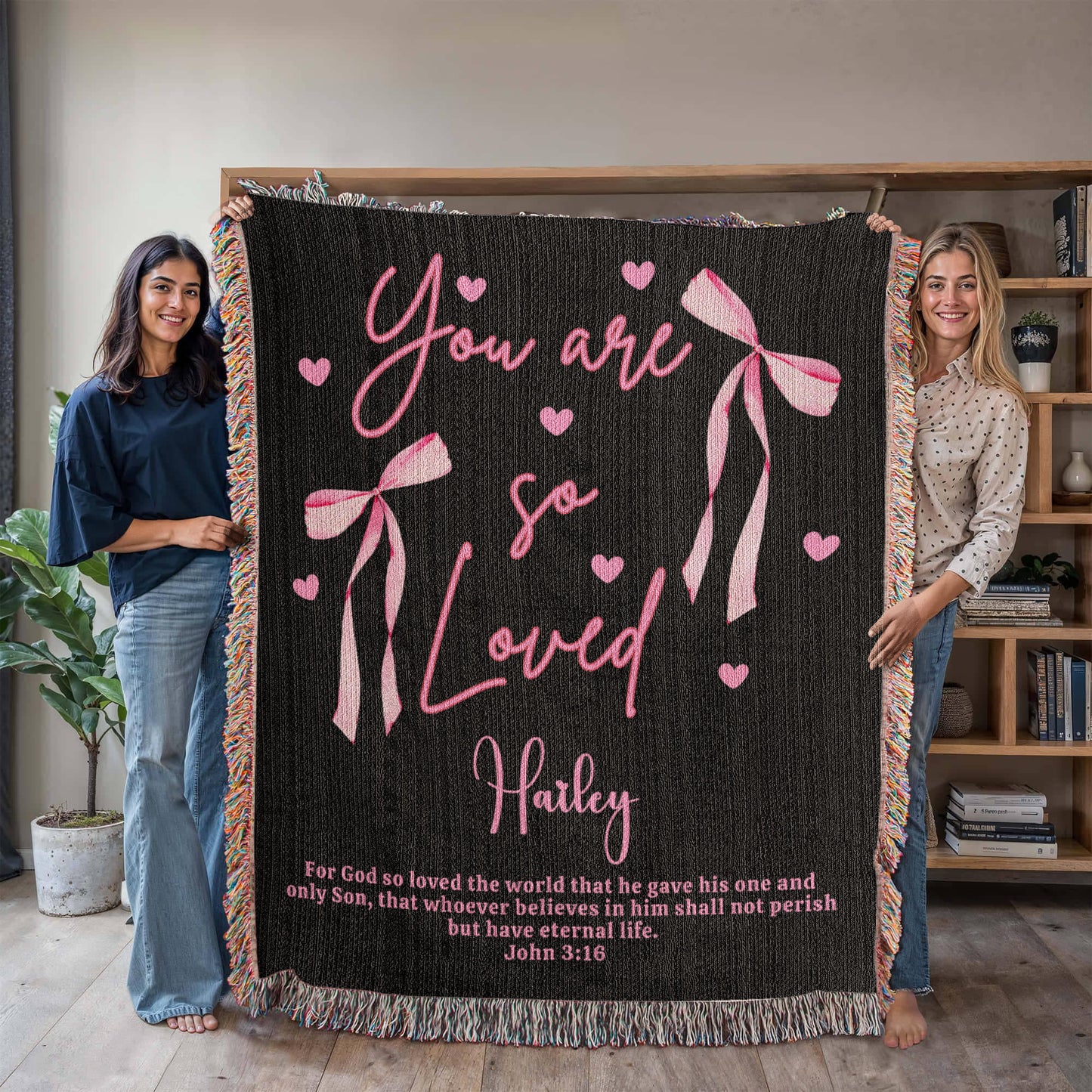 Personalized Woven Blanket, Pink Bow Throw Blanket, Custom Name & Bible Verse Blanket, Girlfriend Daughter Granddaughter Gift Valentine Gift