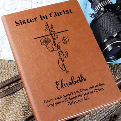 Personalized Leather Journal To Sister In Christ, Custom Name and Bible Verse Notebook, Christian Gift, Flower Cross Christian Baptism Gift