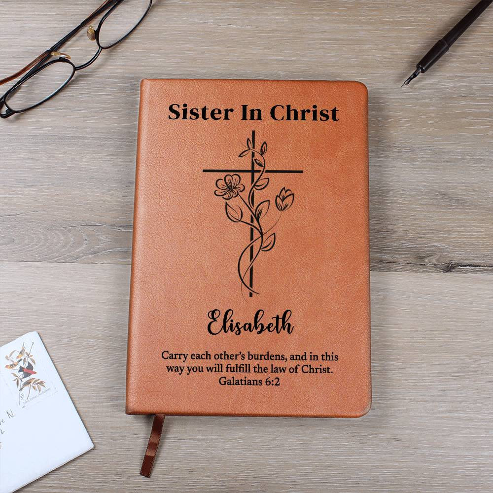 Personalized Leather Journal To Sister In Christ, Custom Name and Bible Verse Notebook, Christian Gift, Flower Cross Christian Baptism Gift