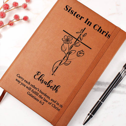 Personalized Leather Journal To Sister In Christ, Custom Name and Bible Verse Notebook, Christian Gift, Flower Cross Christian Baptism Gift