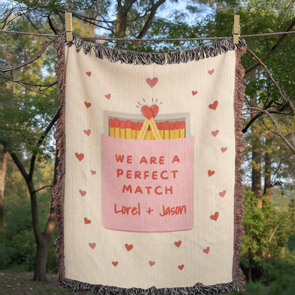 Personalized woven wedding keepsake displayed on a sofa