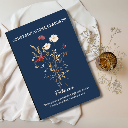 Personalised Graduation Gift for Her, Vegan Leather Journal, Custom Notebook with Wildflowers & Quote, Gift for Daughter or Granddaughter