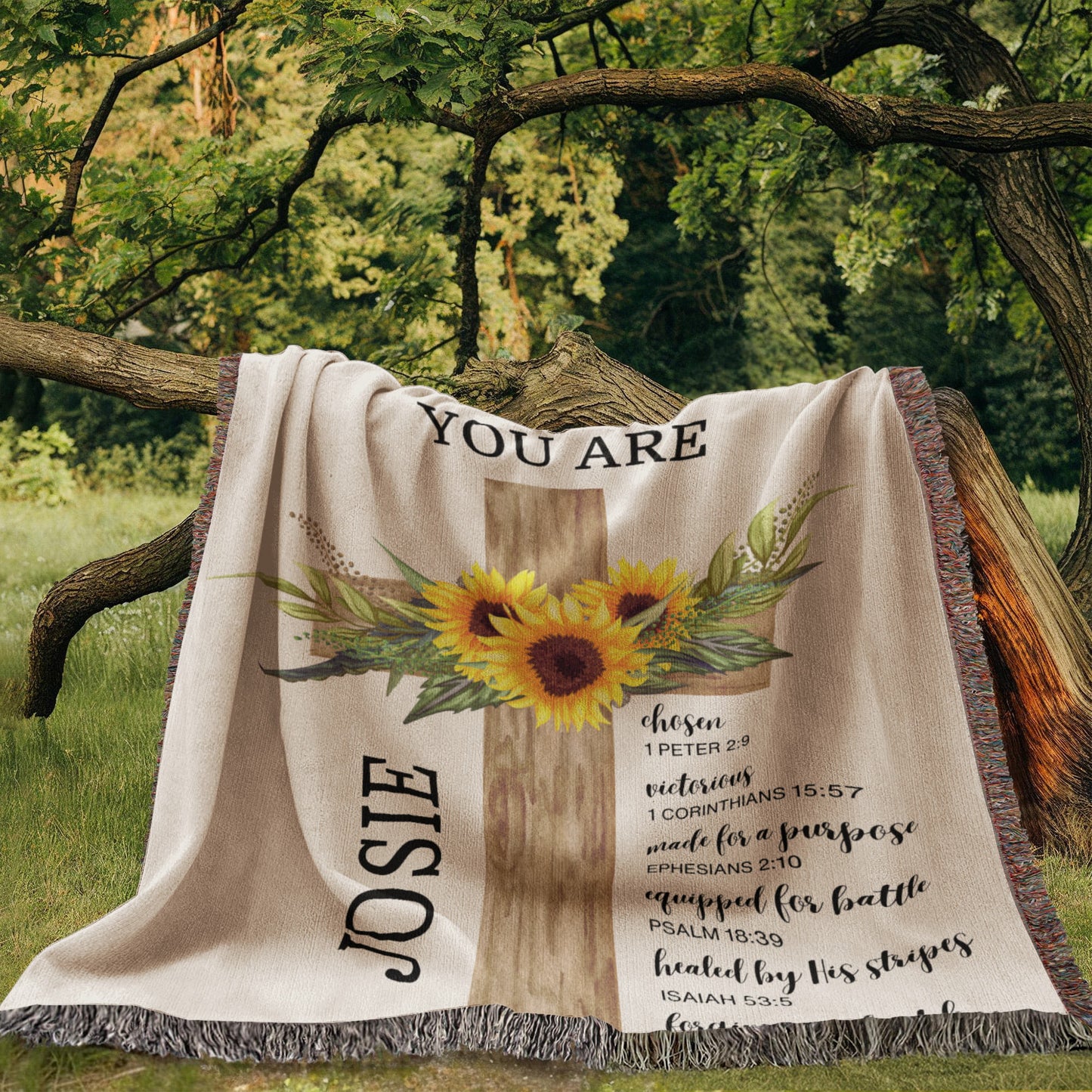 Personalized Woven Blanket with Sunflower Cross Custom Name Throw Blanket Christian Gift For for Women Teens Baptism Birthday Valentine Gift