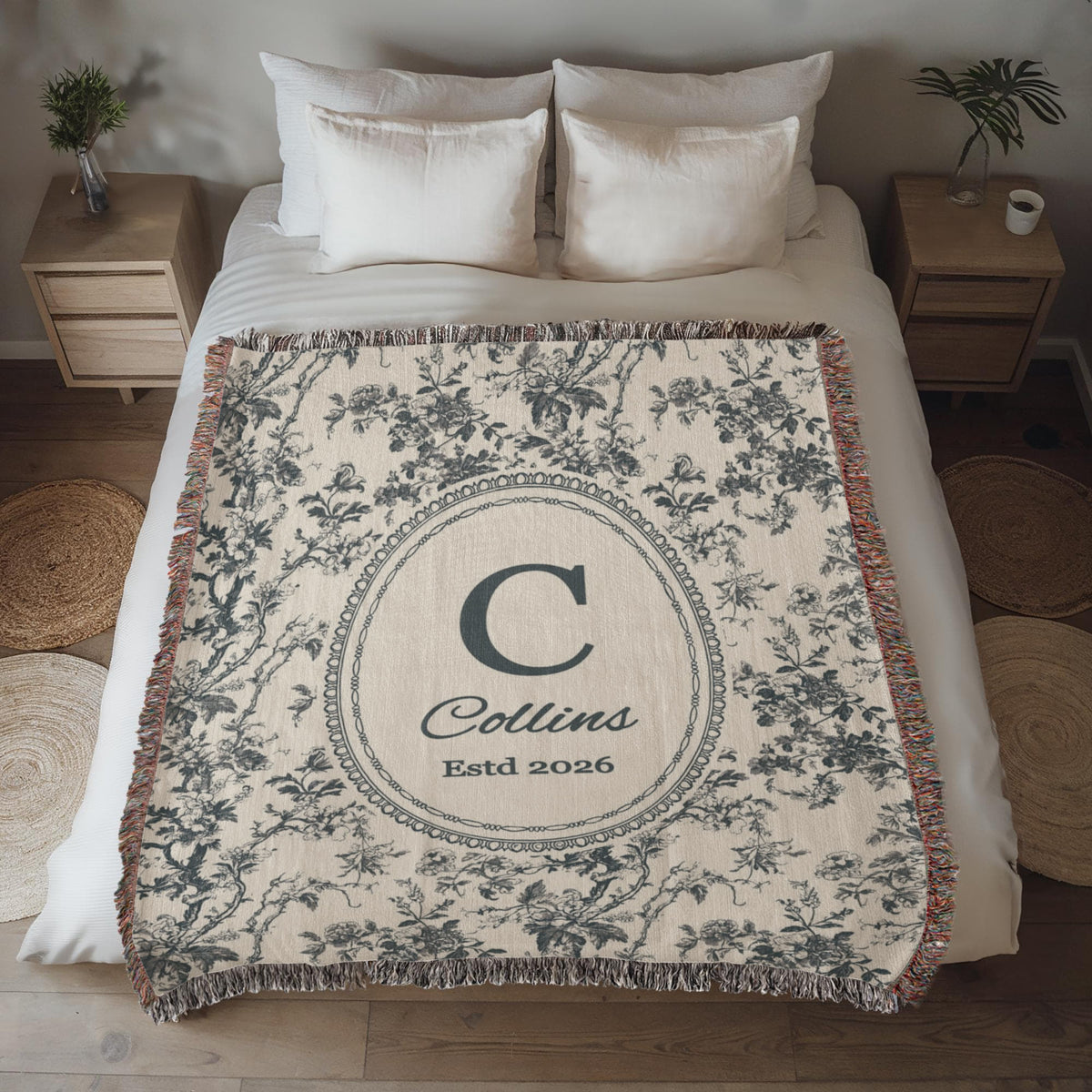 Monogram family name throw blanket in an elegant French blue toile design