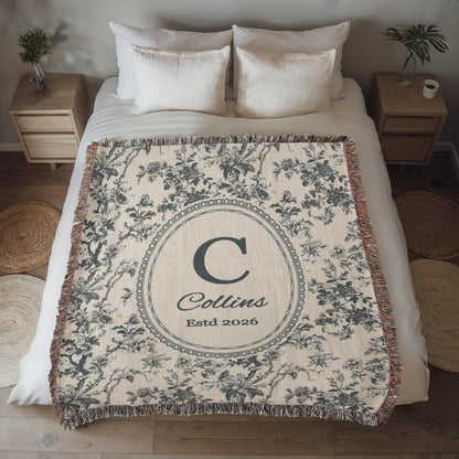 Monogram family name throw blanket in an elegant French blue toile design