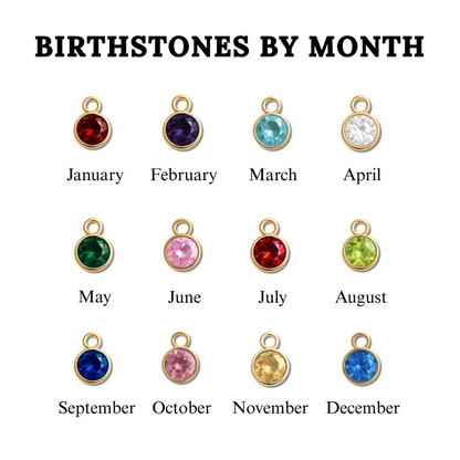 A chart titled 'BIRTHSTONES BY MONTH' showing 12 round gemstone charms, each labeled with its corresponding month from January to December. The charms include red, purple, light blue, clear, green, pink, red, lime green, blue, yellow, and dark blue stones in gold settings on a white background.