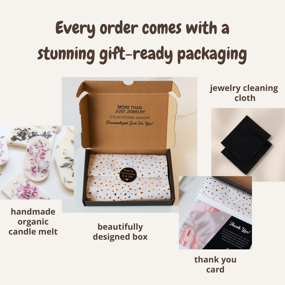 A promotional collage showing jewelry gift packaging and included items on a light beige background. Text reads: 'Every order comes with a stunning gift-ready packaging.