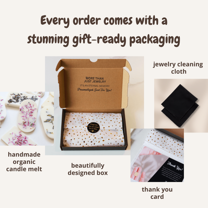 A promotional collage showing jewelry gift packaging and included items on a light beige background. Text reads: 'Every order comes with a stunning gift-ready packaging.