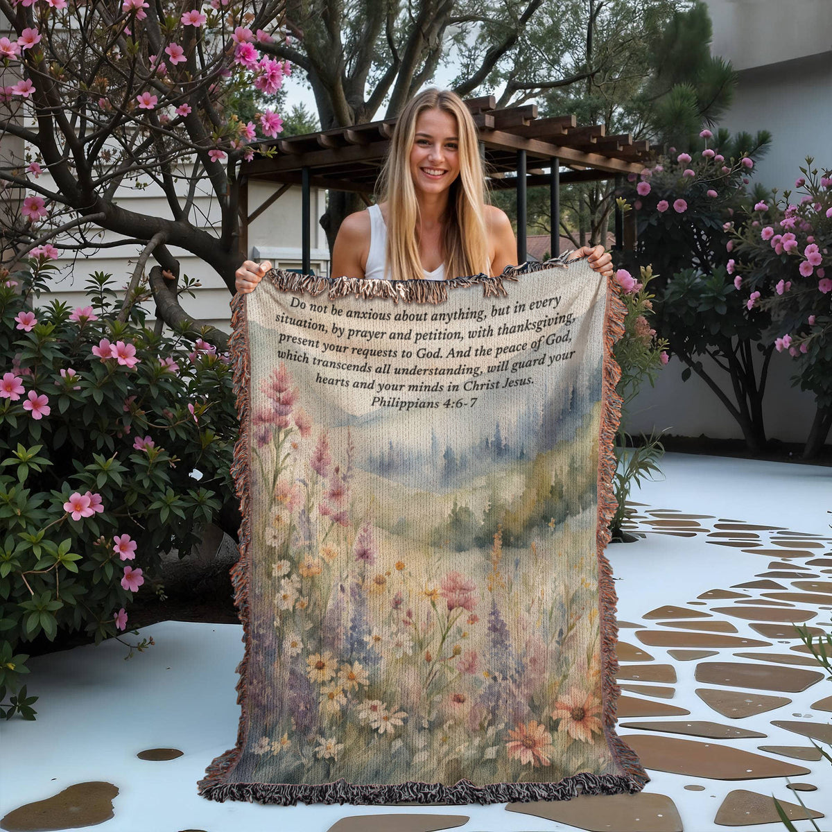 Personalized Bible verse woven blanket with watercolor wildflower design