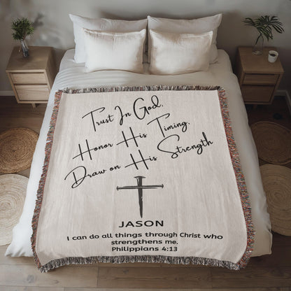 Personalized Woven Blanket with Cross Custom Name and Bible Verse Throw Blanket Christian Gift For Men Women Husband Boyfriend Son Grandson