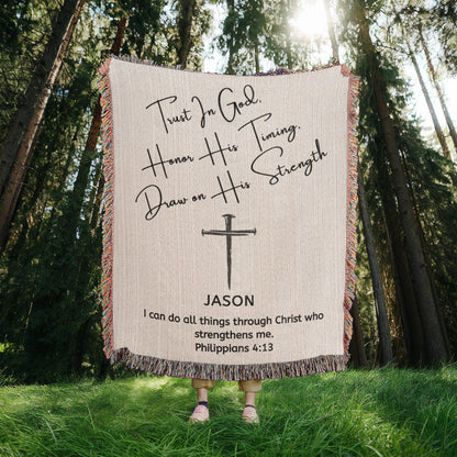 Personalized Woven Blanket with Cross Custom Name and Bible Verse Throw Blanket Christian Gift For Men Women Husband Boyfriend Son Grandson