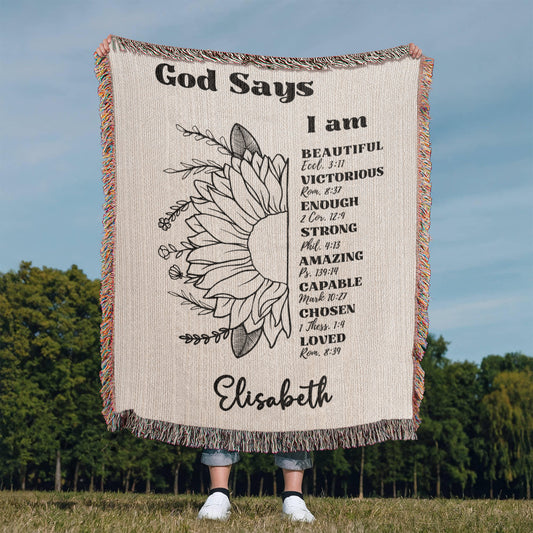 Custom Woven Blanket Personalized Name Throw Blanket God Says I Am Christian Gift For for Her Women Girls Baptism Birthday Valentine Gifts