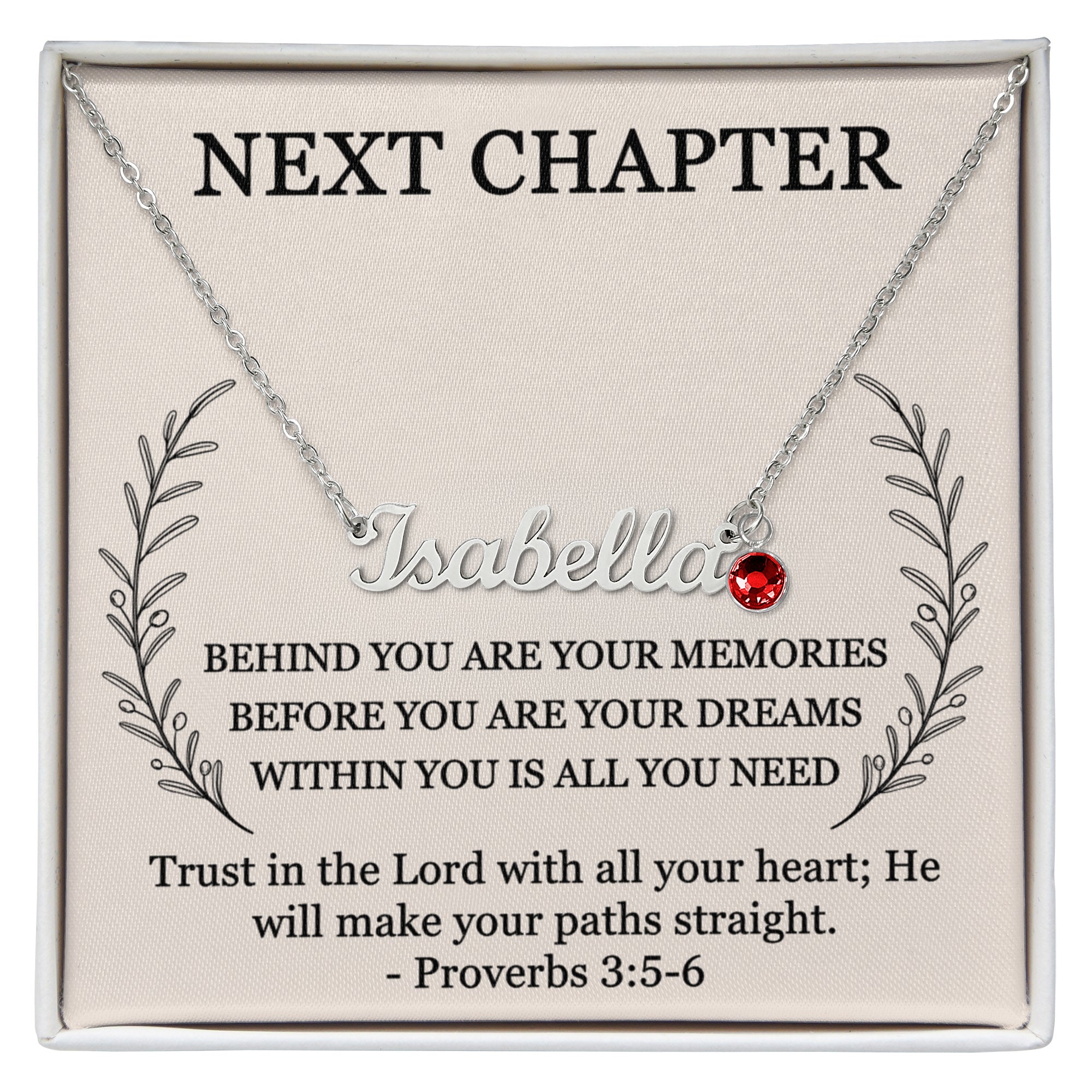 Custom name and birthstone necklace for her with Proverbs 3:5-6