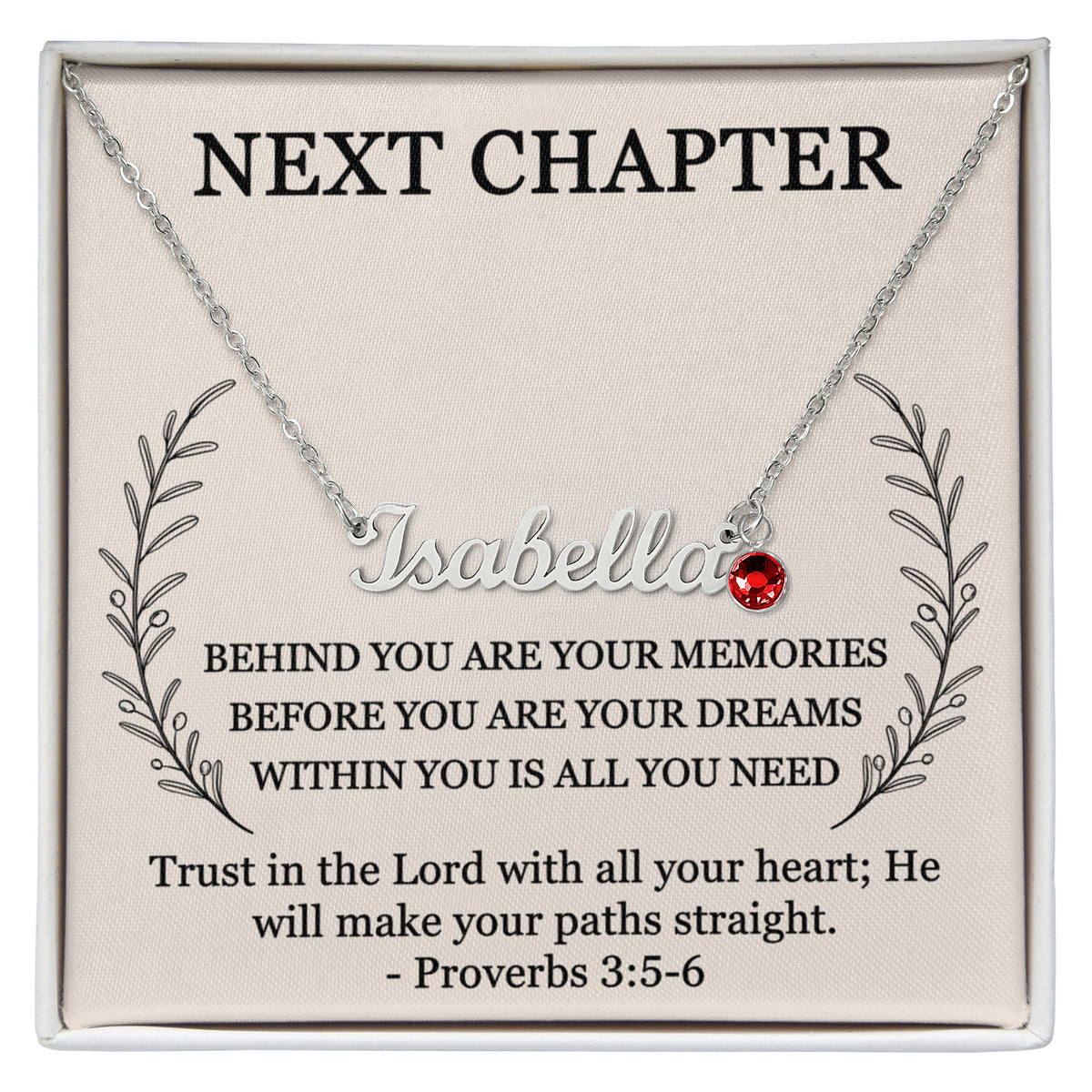 Custom name and birthstone necklace for her with Proverbs 3:5-6