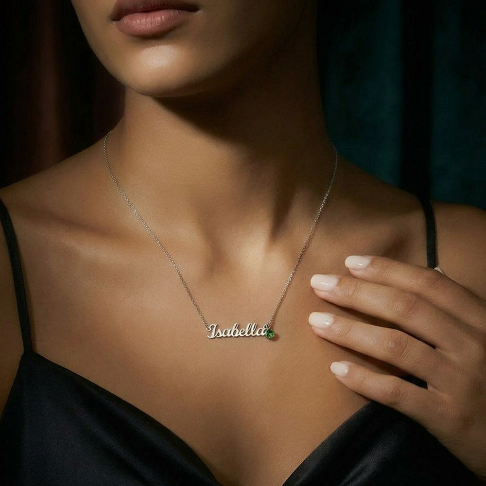 Custom stainless steel name necklace with birthstone charm