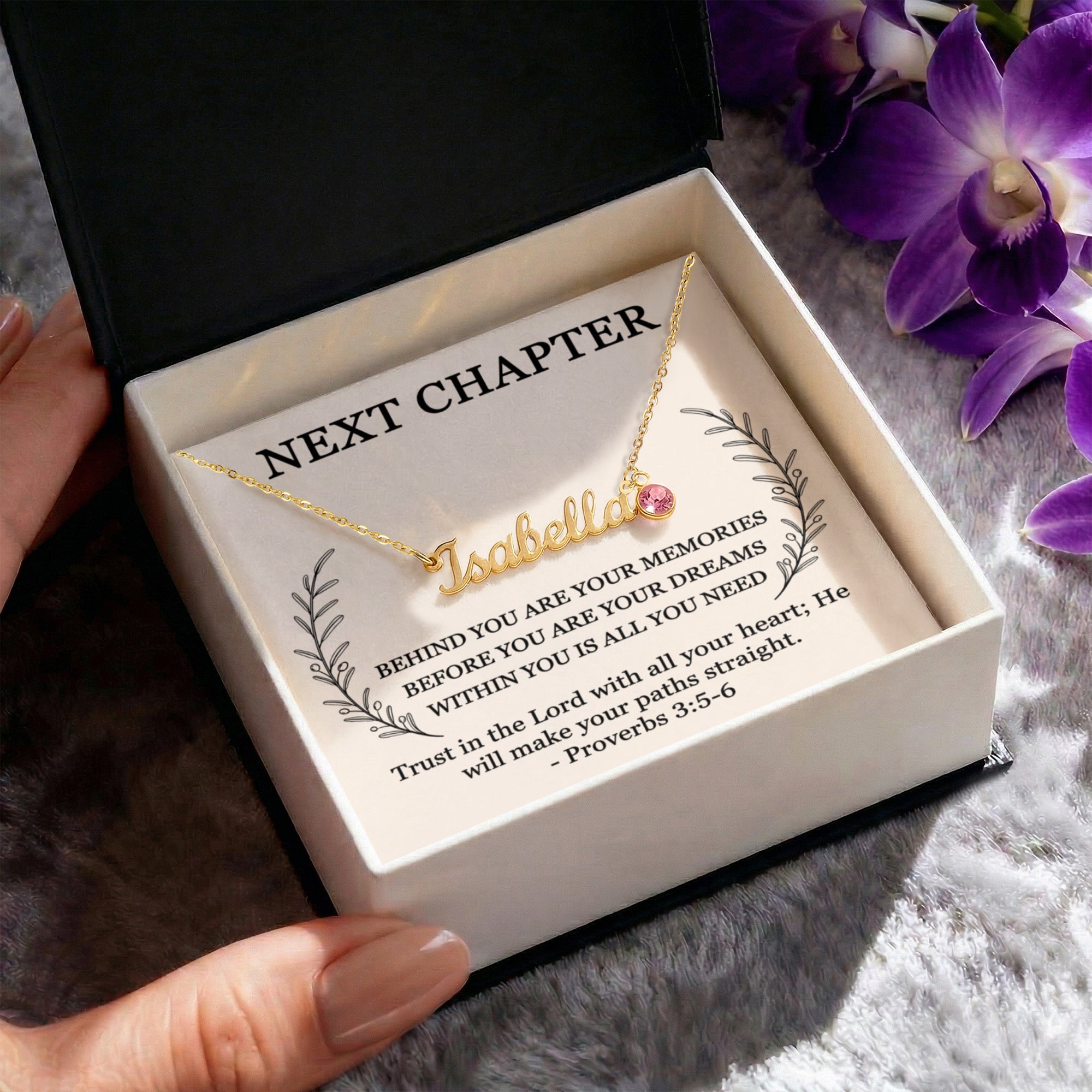 Custom name and birthstone necklace for her with Proverbs 3:5-6
