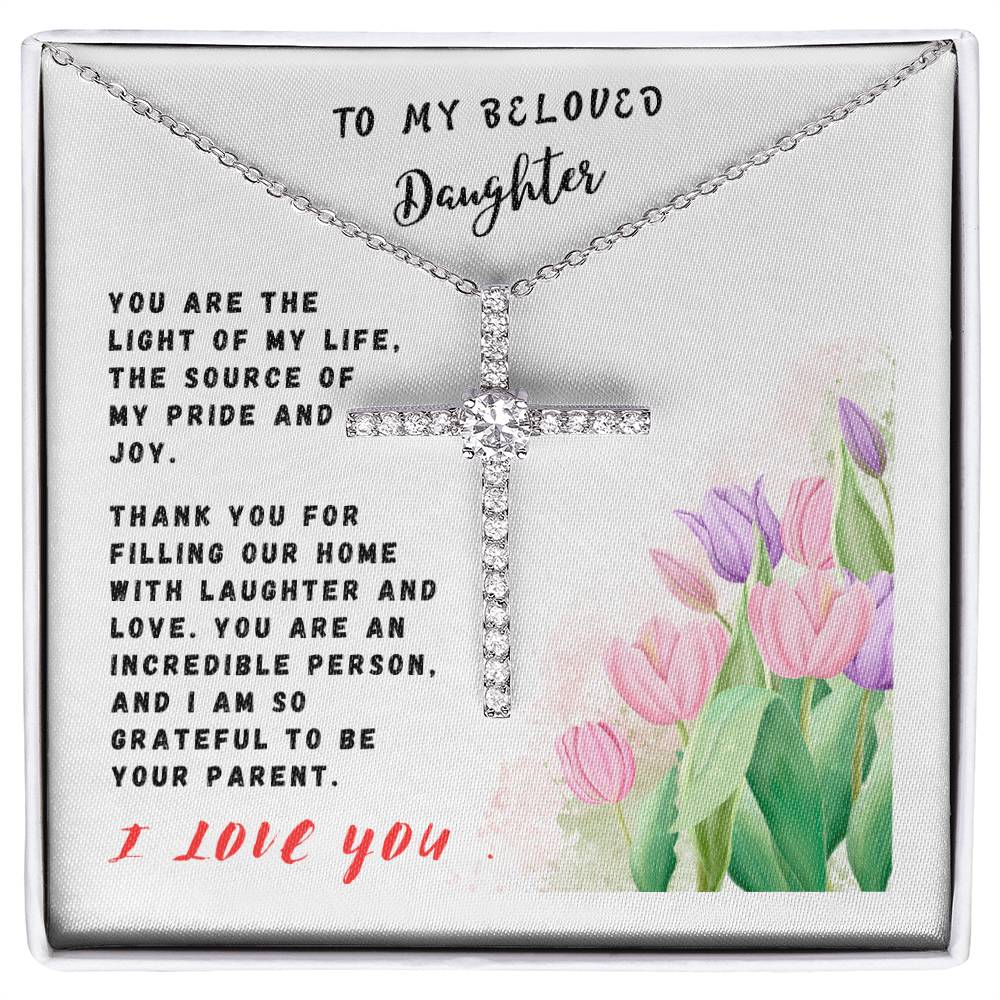 Daughter Gift Necklace - Crystal Cross Necklace - Tulips White Card
