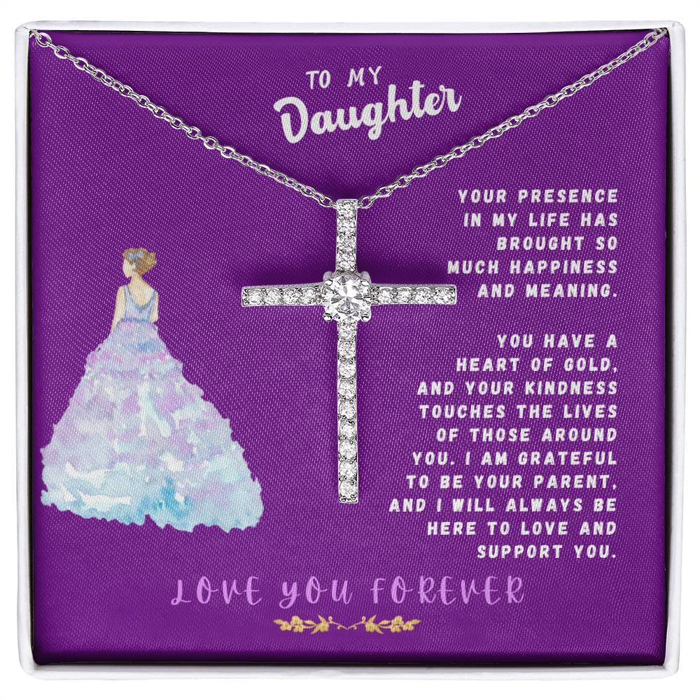 Daughter Gift Necklace - Crystal Cross Necklace - Your Presence In My Life Purple Card
