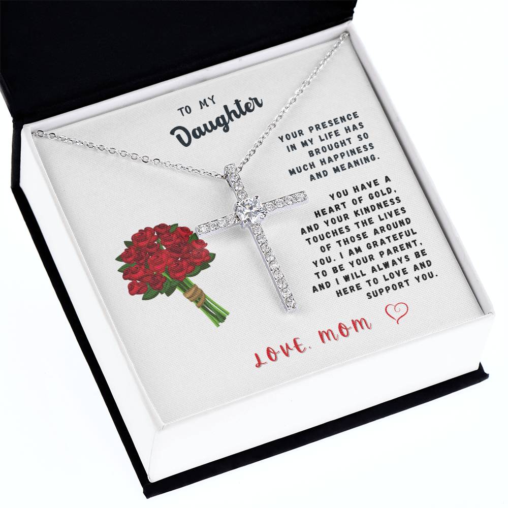 Daughter Gift Necklace - Crystal Cross Necklace - Roses White Card