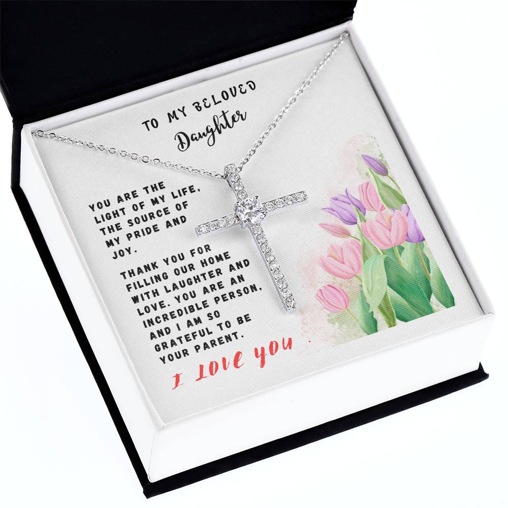 Daughter Gift Necklace - Crystal Cross Necklace - Tulips White Card