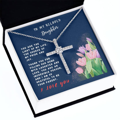 Daughter Gift Necklace - Crystal Cross Necklace - Tulips Navy Card