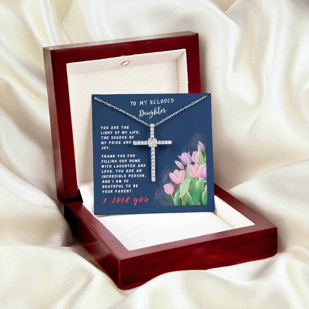 Daughter Gift Necklace - Crystal Cross Necklace - Tulips Navy Card