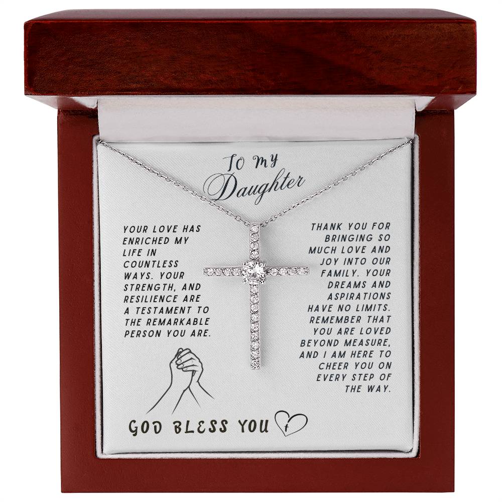Daughter Gift Necklace - Crystal Cross Necklace - God Bless You White Card