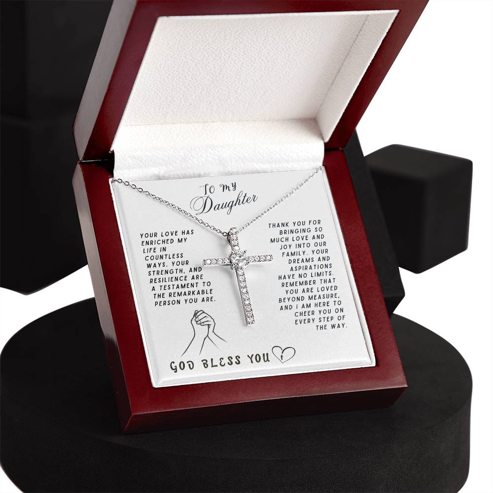 Daughter Gift Necklace - Crystal Cross Necklace - God Bless You White Card