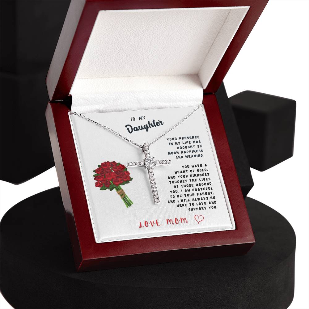 Daughter Gift Necklace - Crystal Cross Necklace - Roses White Card