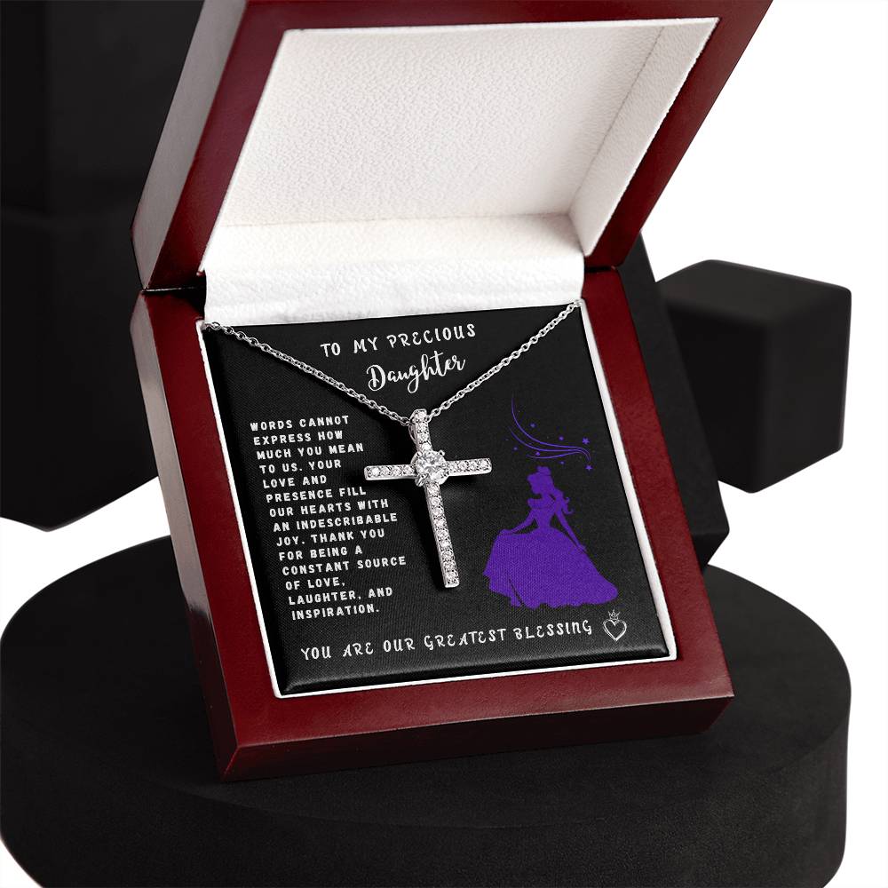 Daughter Gift Necklace - Crystal Cross Necklace- Words Cannot Express Black Card