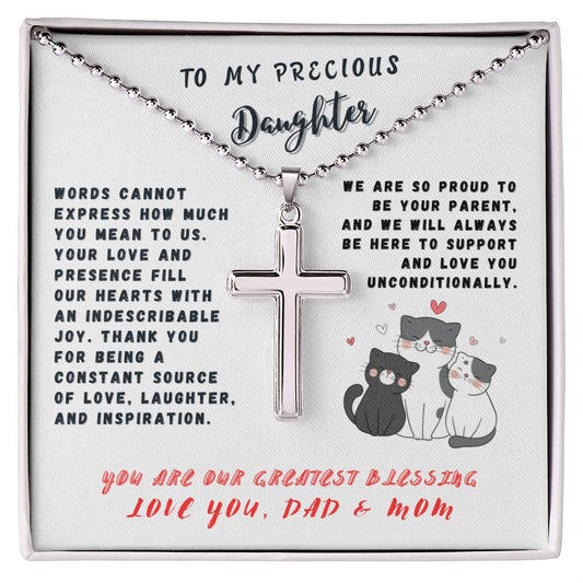 Daughter Gift Necklace- Cross Necklace With Ball Chain - 3 Cats White Card