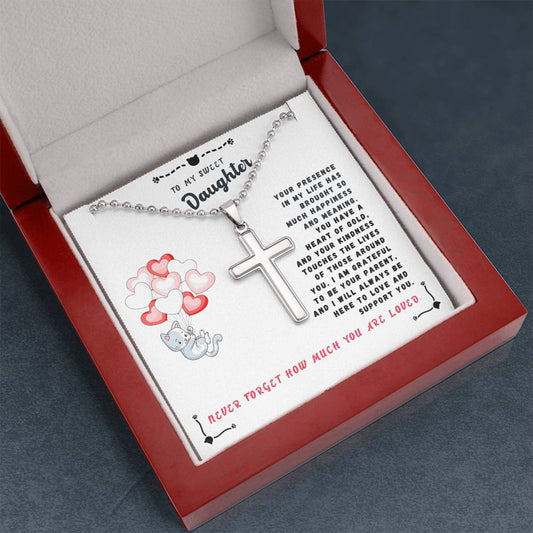 Daughter Gift Necklace- Cross Necklace With Ball Chain - Cat &  Balloons White Card