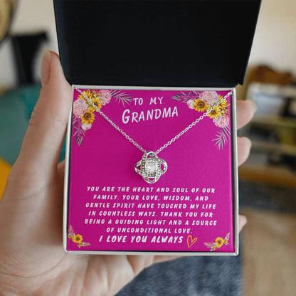 Grandmother Gift Necklace - Love Knot- Sun Flower Fushia Card