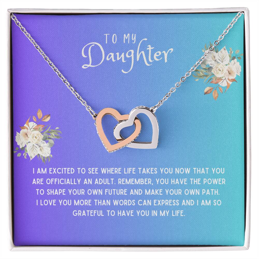 Daughter Gift Necklace - Interlocking Hearts - I Am Excited Blue Card