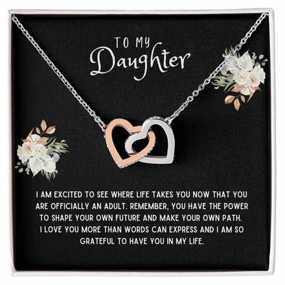 Daughter Gift Necklace - Interlocking Hearts - I Am Excited Black Card