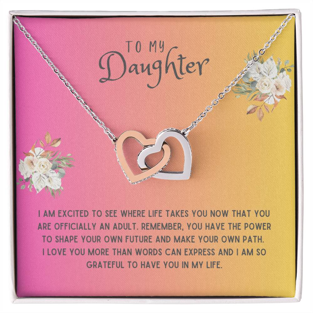 Daughter Gift Necklace - Interlocking Hearts - I Am Excited Pink Card