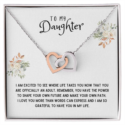 Daughter Gift Necklace - Interlocking Hearts - I Am Excited White Card