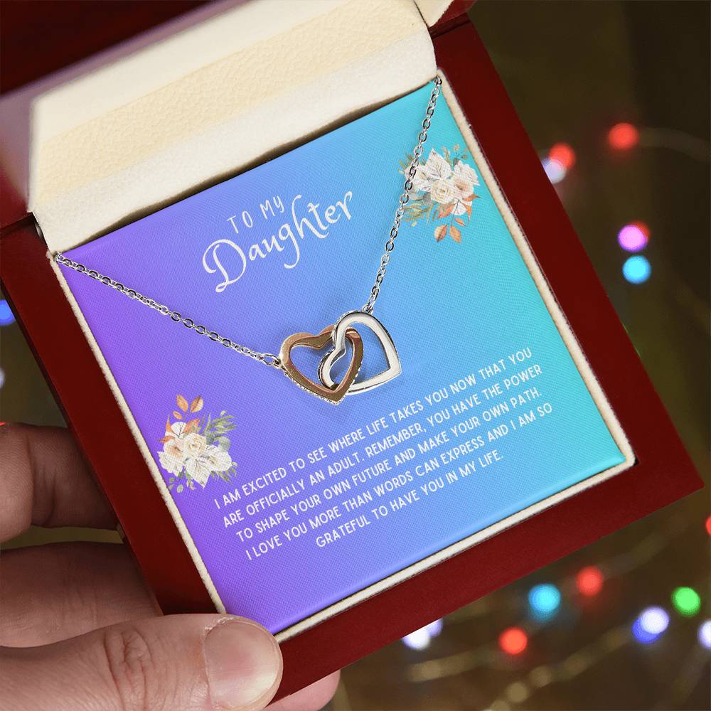 Daughter Gift Necklace - Interlocking Hearts - I Am Excited Blue Card