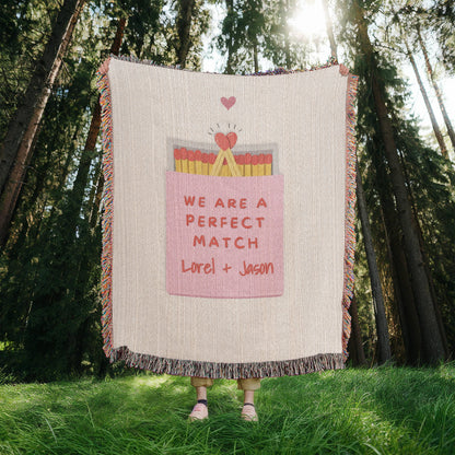 We Are a Perfect Match woven wedding blanket for newlyweds
