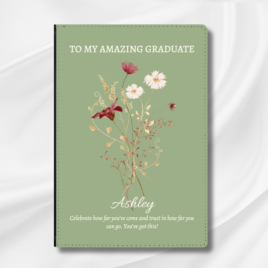 Graduation Gift for Her, Personalised Vegan Leather Journal, Custom Notebook with Wildflowers, Retirement Gift, New School, Divorced Gift