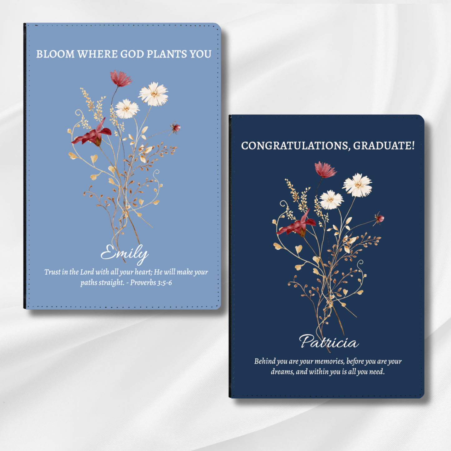 Personalised Graduation Gift for Her, Vegan Leather Journal, Custom Notebook with Wildflowers & Quote, Gift for Daughter or Granddaughter