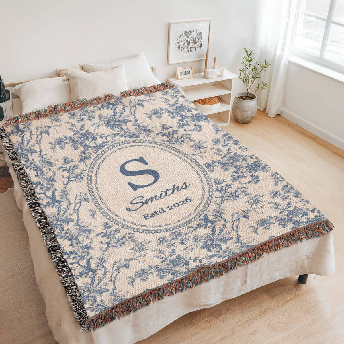 Personalized cotton housewarming blanket with family name and established year