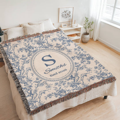 Personalized cotton housewarming blanket with family name and established year