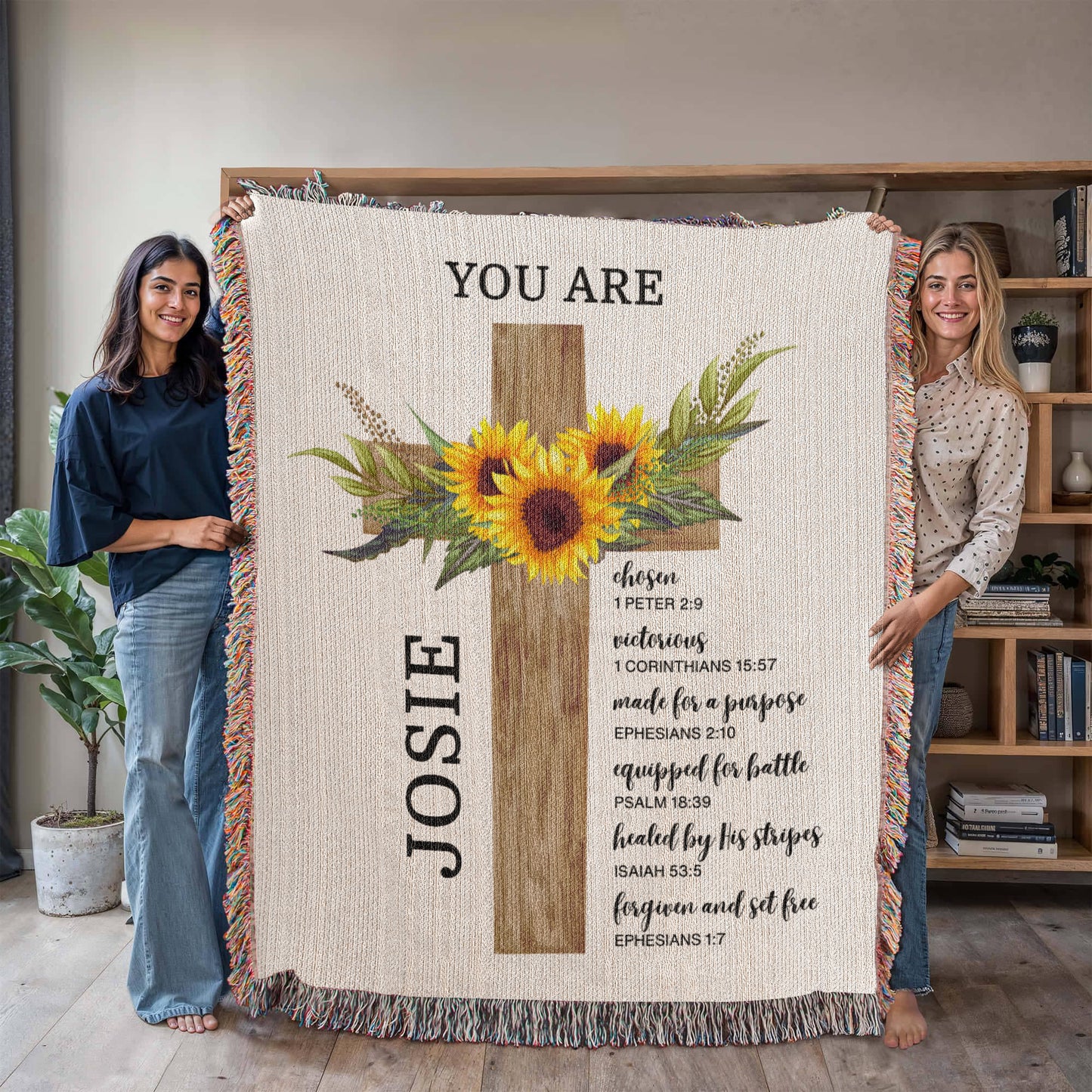 Personalized Woven Blanket with Sunflower Cross Custom Name Throw Blanket Christian Gift For for Women Teens Baptism Birthday Valentine Gift