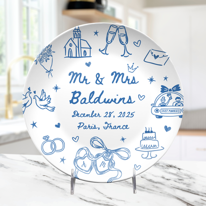 Custom newlywed plate with couple initials wedding date and location