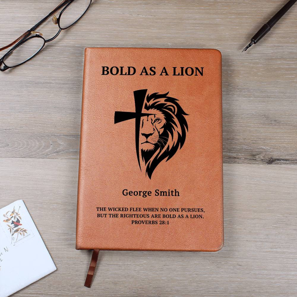 Custom prayer journal for men with Bible verse and lion artwork