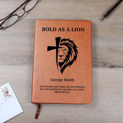 Custom prayer journal for men with Bible verse and lion artwork
